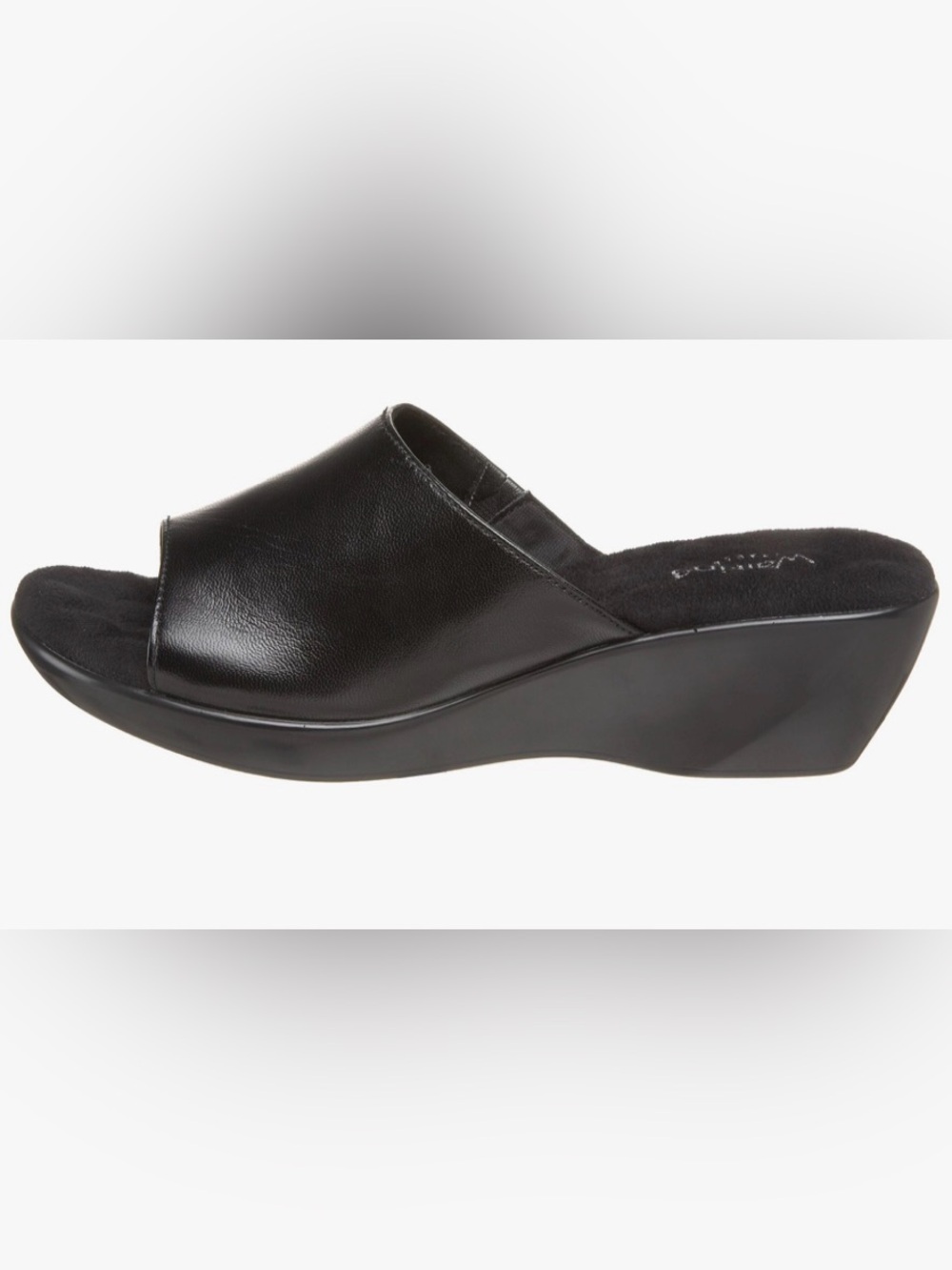 NEW Walking Cradles Black Leather Comfort Wedge Heels Sandals Slides 6.5 WW